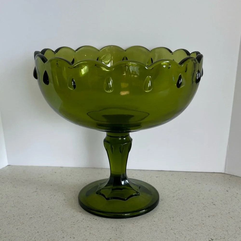 Vintage Pedestal Olive Green Indiana Glass Compote Candy Dish Bowl 7.5” X 7.5”
